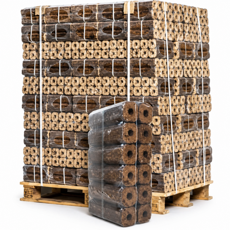 Bricchetti di Legno Pini Kay di Quercia e Faggio DIN+ – Sacco da 10 kg (Bancale da 96 Sacchi 960 kg)